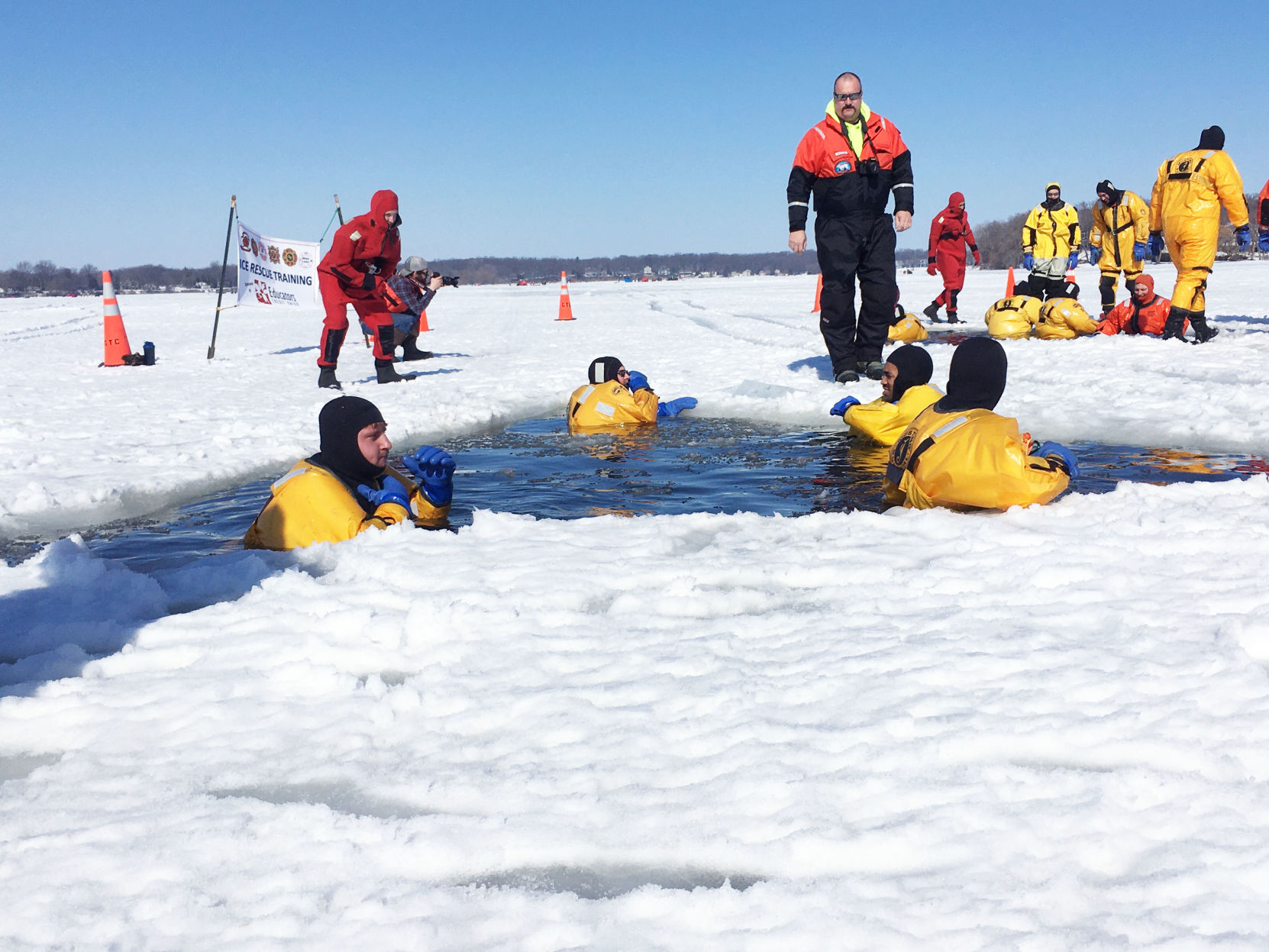Firefighters in the water for ice rescue training